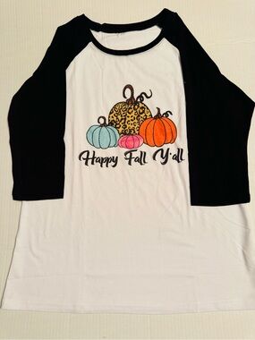 NWOT. Happy Fall Y'all Women's Black & White Raglan Pumpkin Graphic Tee